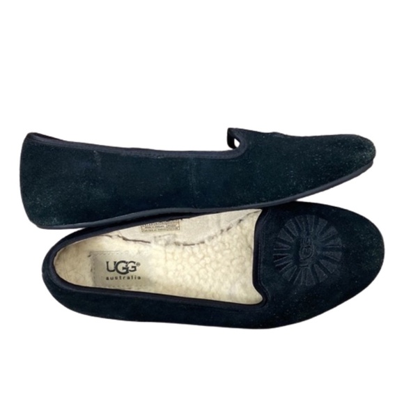 UGG AUSTRALIA Alloway 1001632 Black Suede Sheepskin Slippers Flats sz 5.5 - EUC - Picture 1 of 9